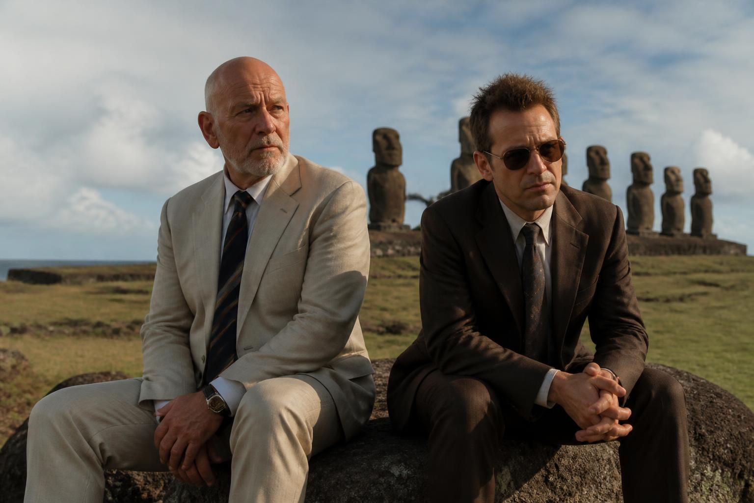 Malkovich and Rockwell Find Trouble at Easter Island — AI editorial illustration