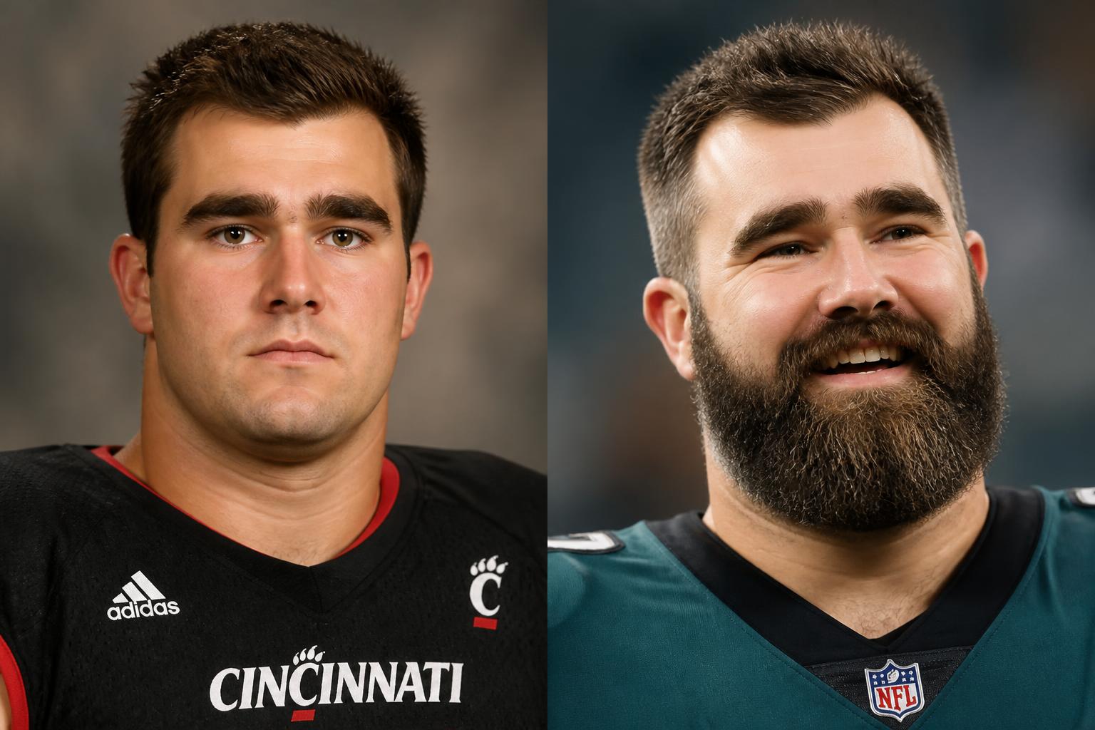 Jason Kelce’s College Photos Lose the Beard — AI editorial illustration