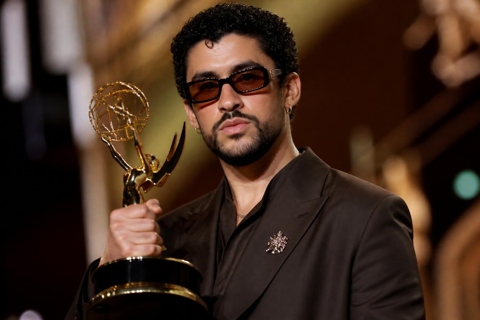 Bad Bunny Scores First Emmy as Super Bowl Show Dominates — AI editorial illustration
