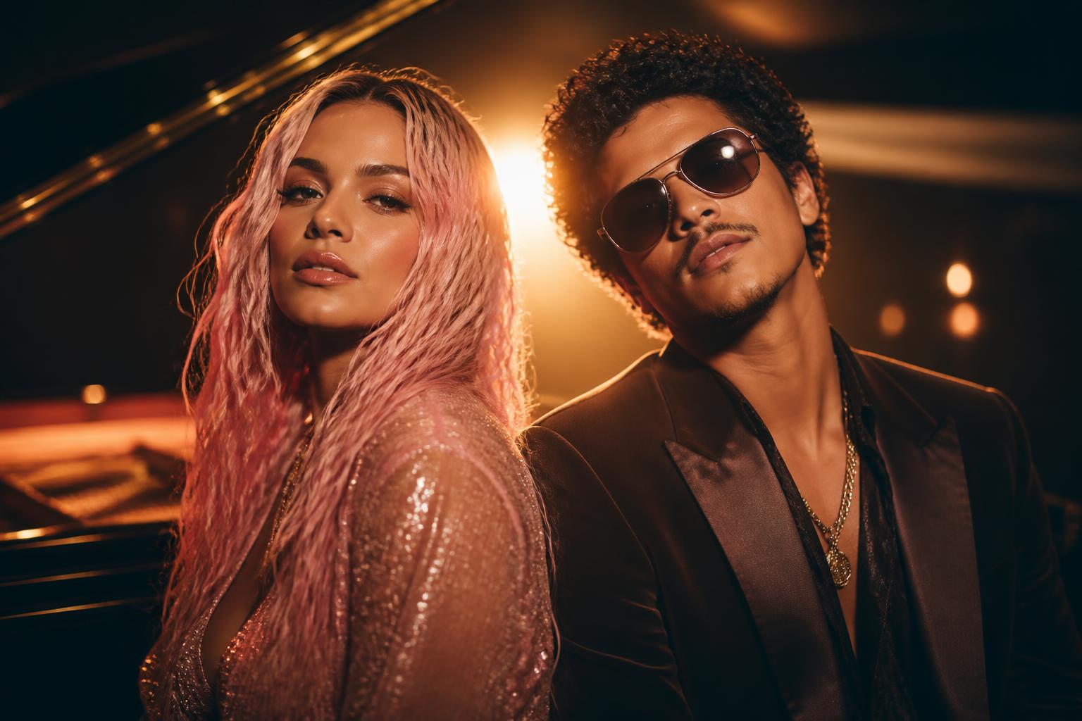 Karol G and Bruno Mars Release New Music Video — AI editorial illustration