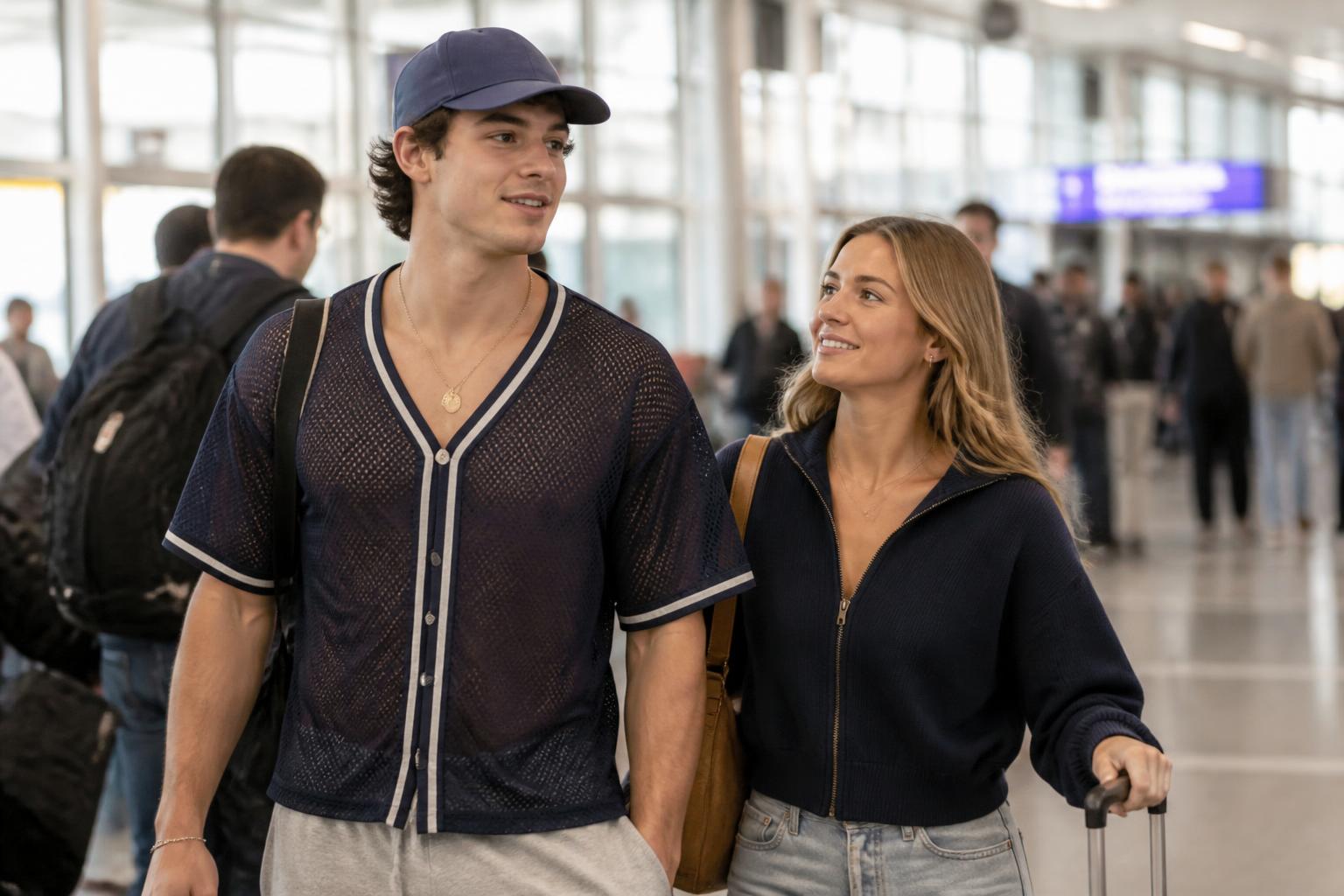 Hudson Williams Leaves Toronto With Girlfriend Katelyn Larson — AI editorial illustration