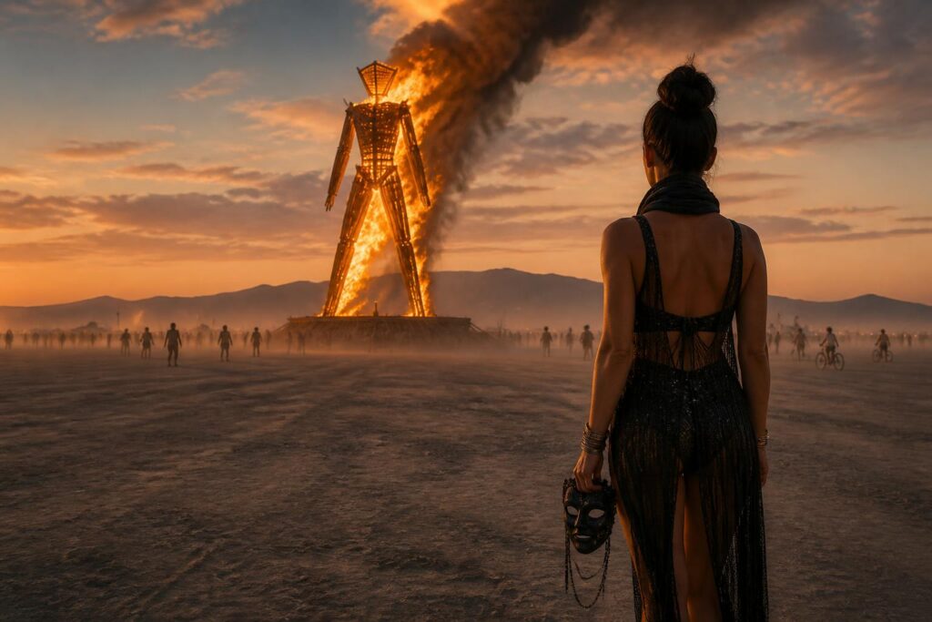 Bethenny Frankel Is Taking Burning Man Off the Reality-TV Grid — AI editorial illustration