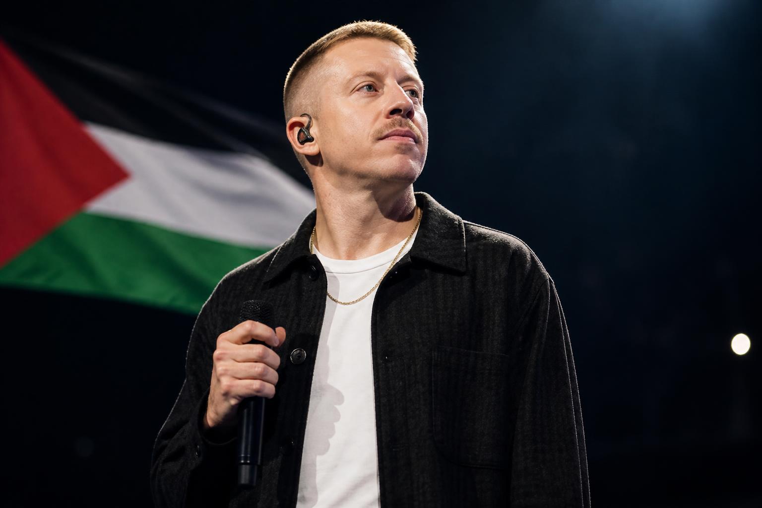 Macklemore’s Tour Slot Targeted After Palestine Plea — AI editorial illustration