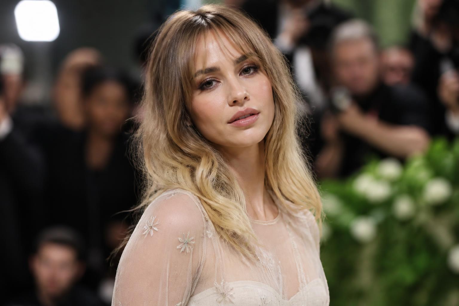 Suki Waterhouse Says She’d Embrace a Nepo Baby — AI editorial illustration