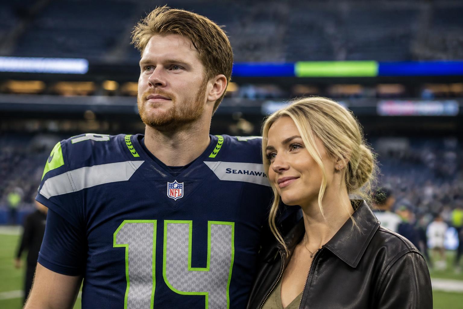 Sam Darnold Married Katie Hoofnagle Before Seahawks Opener — AI editorial illustration