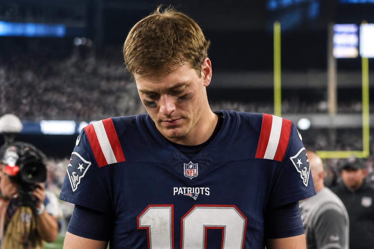 Drake Maye Owns Three Picks After Patriots Collapse — AI editorial illustration
