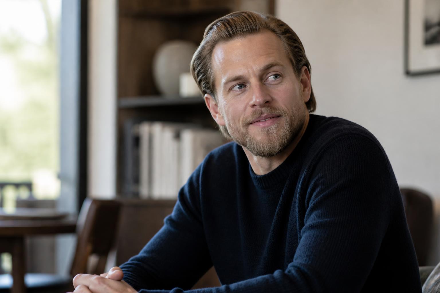 Charlie Hunnam Talks Quiet Home Life With Morgana McNelis — AI editorial illustration