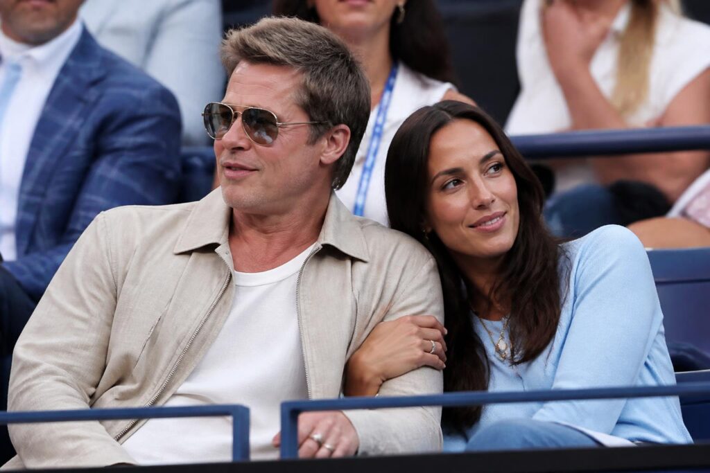 Brad Pitt and Ines de Ramon Share a Tennis Date — AI editorial illustration