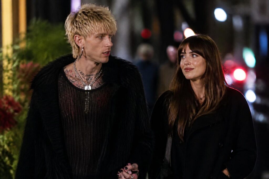 Dakota Johnson and Machine Gun Kelly Fuel NYC Date Talk — AI editorial illustration