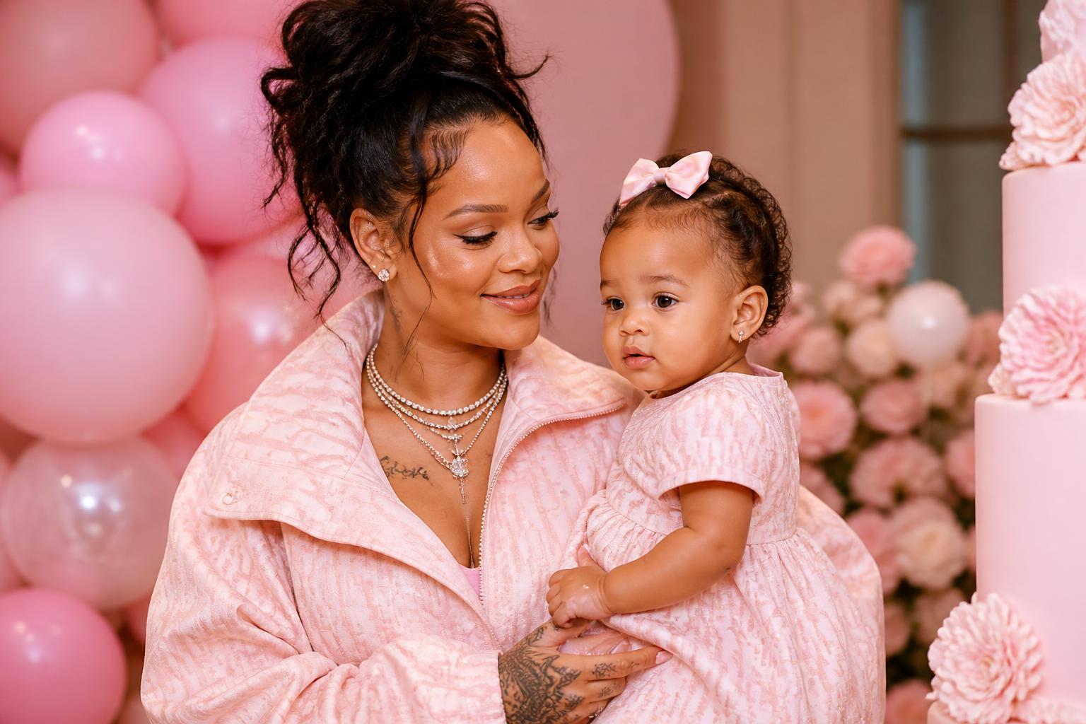 Rihanna and Rocki Turn a First Birthday Pink — AI editorial illustration