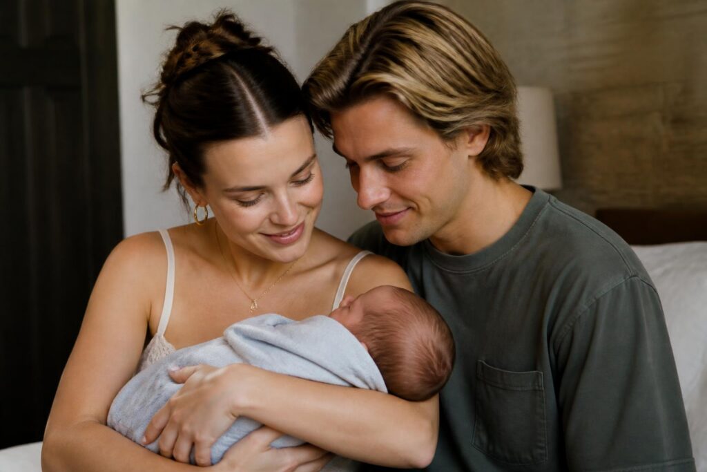 Millie Bobby Brown Debuts Baby No. 2 With One Perfect Line — AI editorial illustration